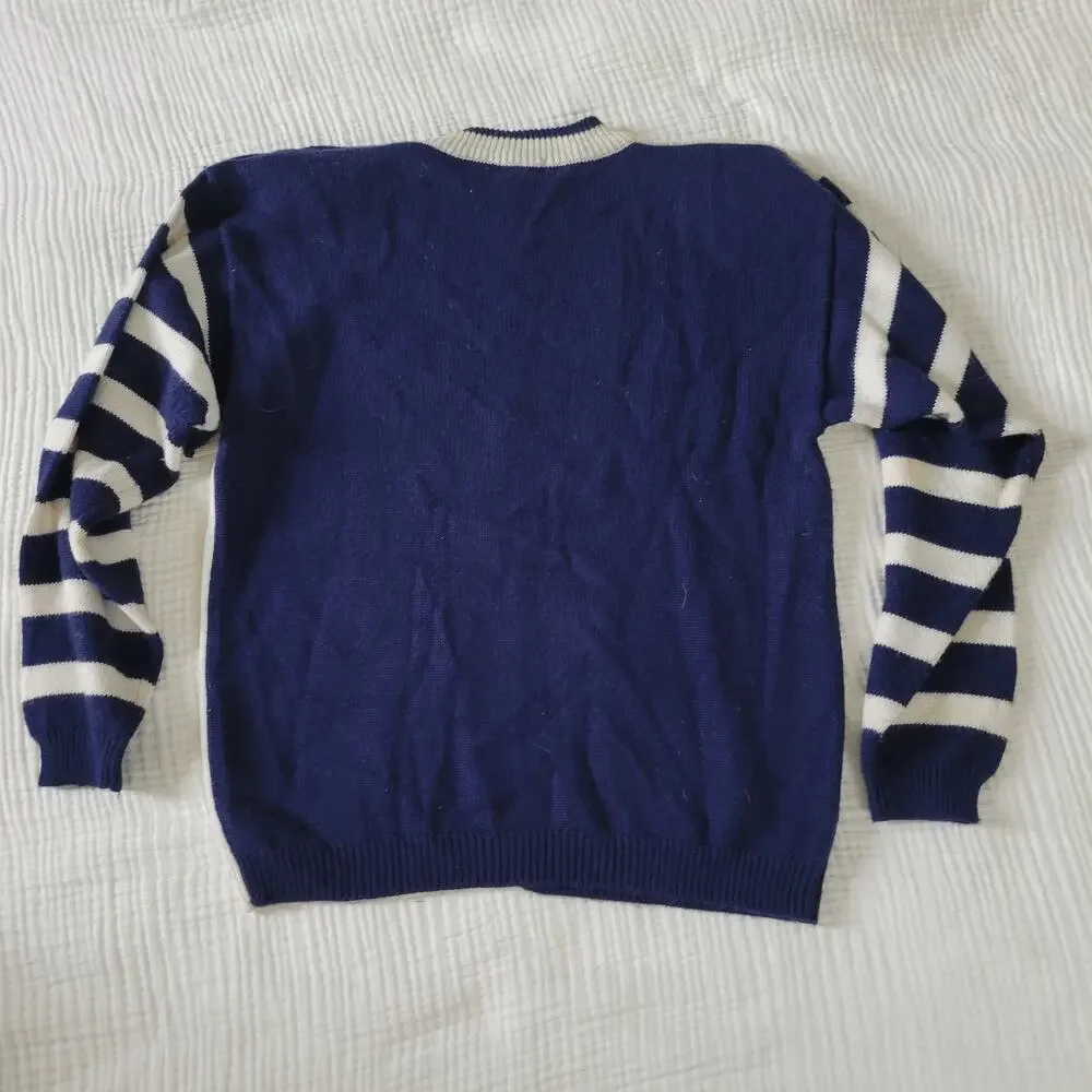 Vtg 80s Womens S Crewneck Sweater Navy White Gold Stars Stripes American Wool